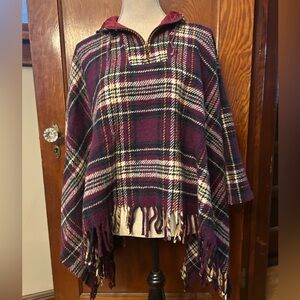 60's Vintage Plaid Wool Fringed Hooded Poncho Purple One Size